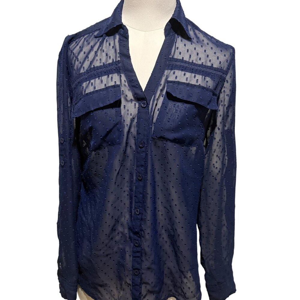 Women's New York & Company Sheer Blouse Top Navy Blue, Size S